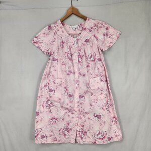 Miss Elaine Snap Front House Dress Women's S Pink Floral Cottage Grannycore Gown